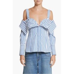 MONSE Stripe Poplin Cold Shoulder Top, White / Blue, US 2